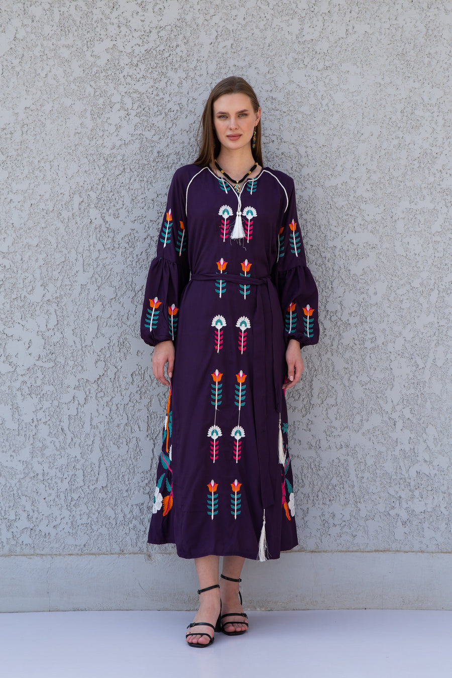 Midi Purple cotton kaftan dress, embroidered tunic dress, embroidered tunic kaftan, Egyptian cotton. Summer, party, casual, home dress