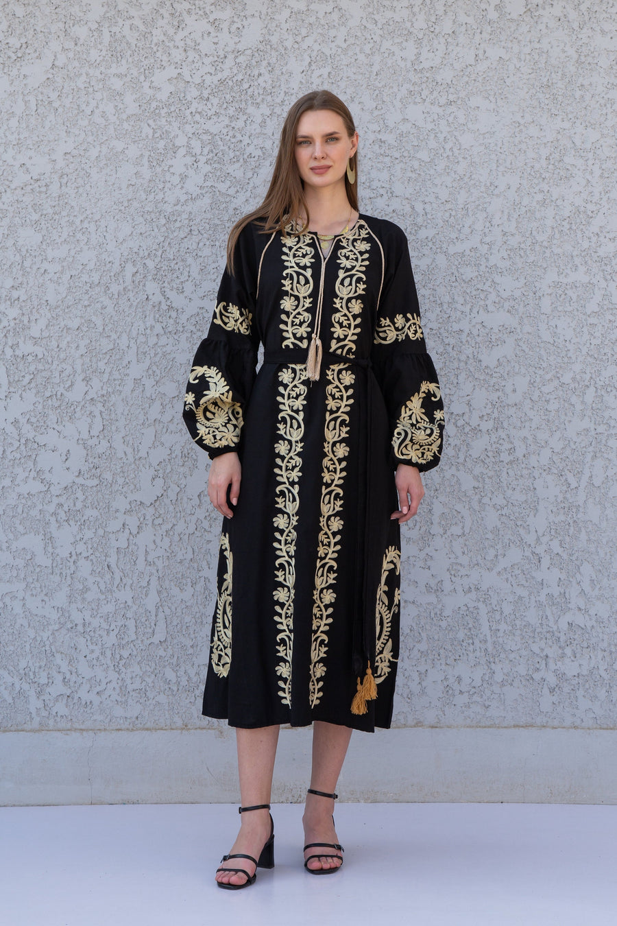 Midi Black cotton kaftan dress, embroidered tunic dress, caftans for women, Egyptian cotton. Summer caftan, party, casual, home dress
