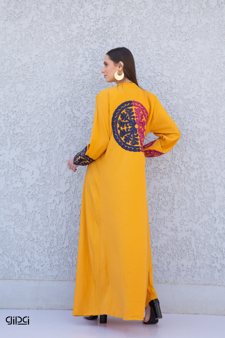 Mustard yellow cotton caftan dress, Front and back embroidered Cotton caftan, Chic embroidered caftan, High quality Egyptian cotton