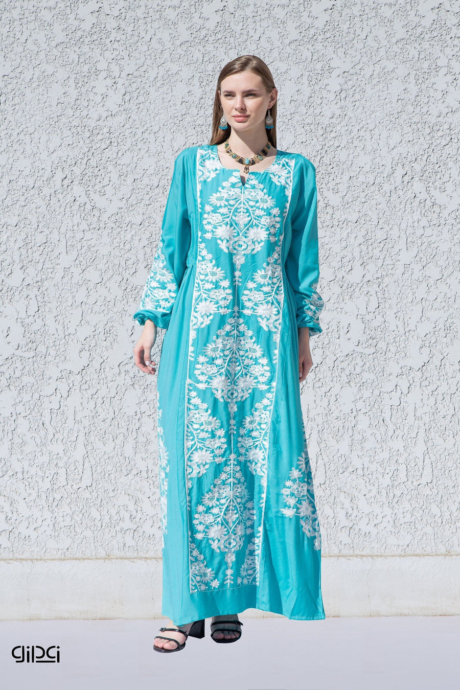 Elegant Turquoise embroidered kaftan dress, Cotton caftan women, Long sleeve caftan, Chic embroidered caftan, High quality Egyptian cotton