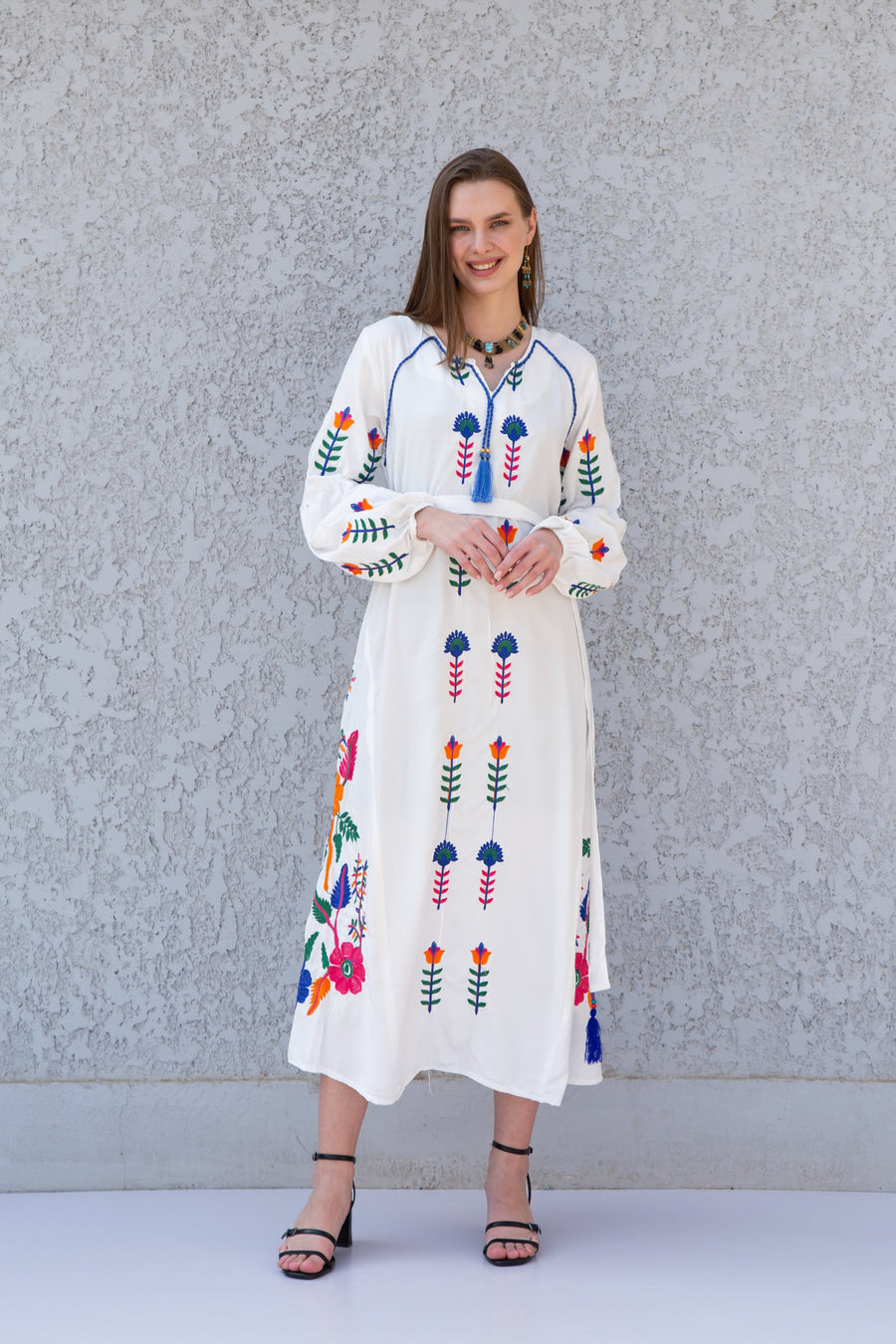 Midi White cotton kaftan dress, embroidered tunic dress, embroidered tunic kaftan, Egyptian cotton. Summer, party, casual, home dress