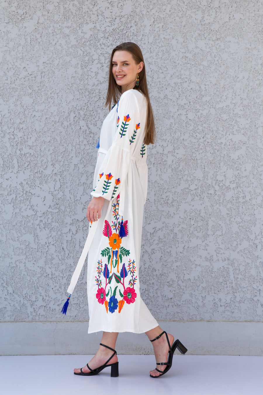 Midi White cotton kaftan dress, embroidered tunic dress, embroidered tunic kaftan, Egyptian cotton. Summer, party, casual, home dress