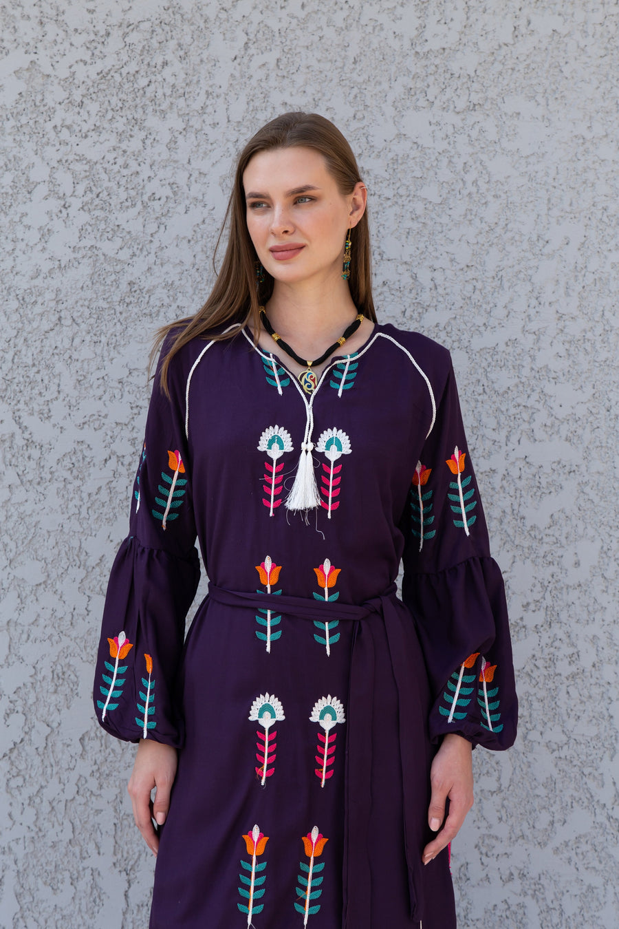 Midi Purple cotton kaftan dress, embroidered tunic dress, embroidered tunic kaftan, Egyptian cotton. Summer, party, casual, home dress