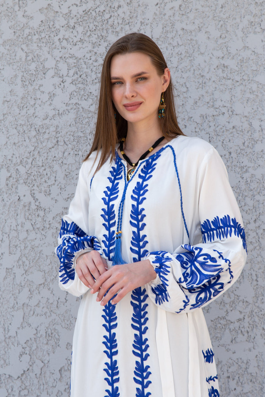 Chic Midi White cotton tunic kaftan dress, embroidered tunic dress, caftans for women, Egyptian cotton. Summer caftan, party, festival kafta