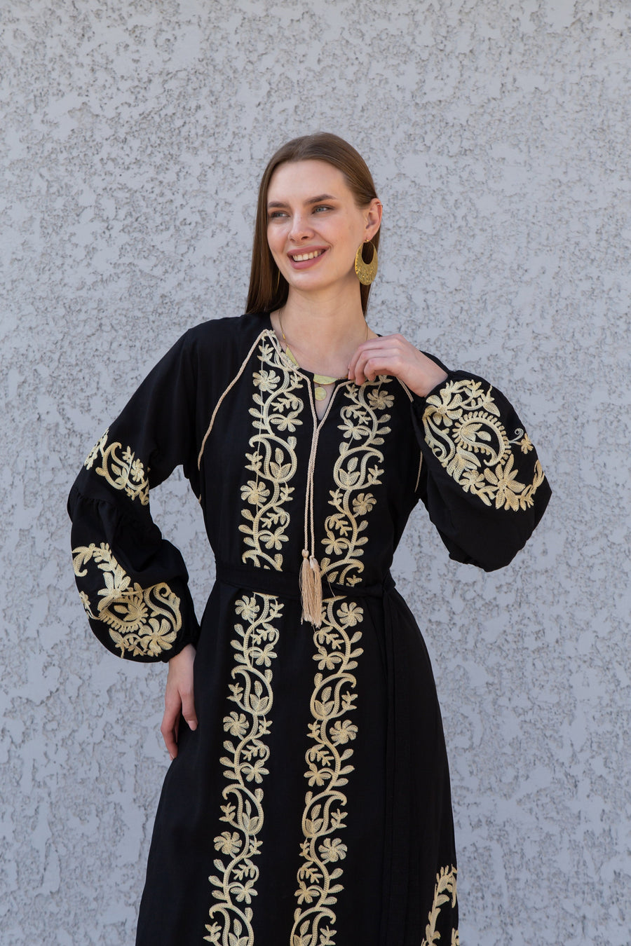 Midi Black cotton kaftan dress, embroidered tunic dress, caftans for women, Egyptian cotton. Summer caftan, party, casual, home dress