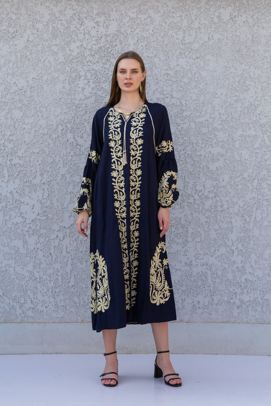 Ethnic embroidered navy blue cotton kaftan dress, tunic dress, caftans for women, Egyptian cotton. Summer caftan, party, casual, home dress