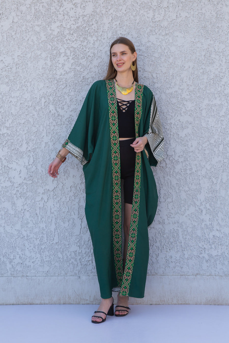 Green Elegant Egyptian Cotton Abaya, Summer Abaya, Cardigans, Boho