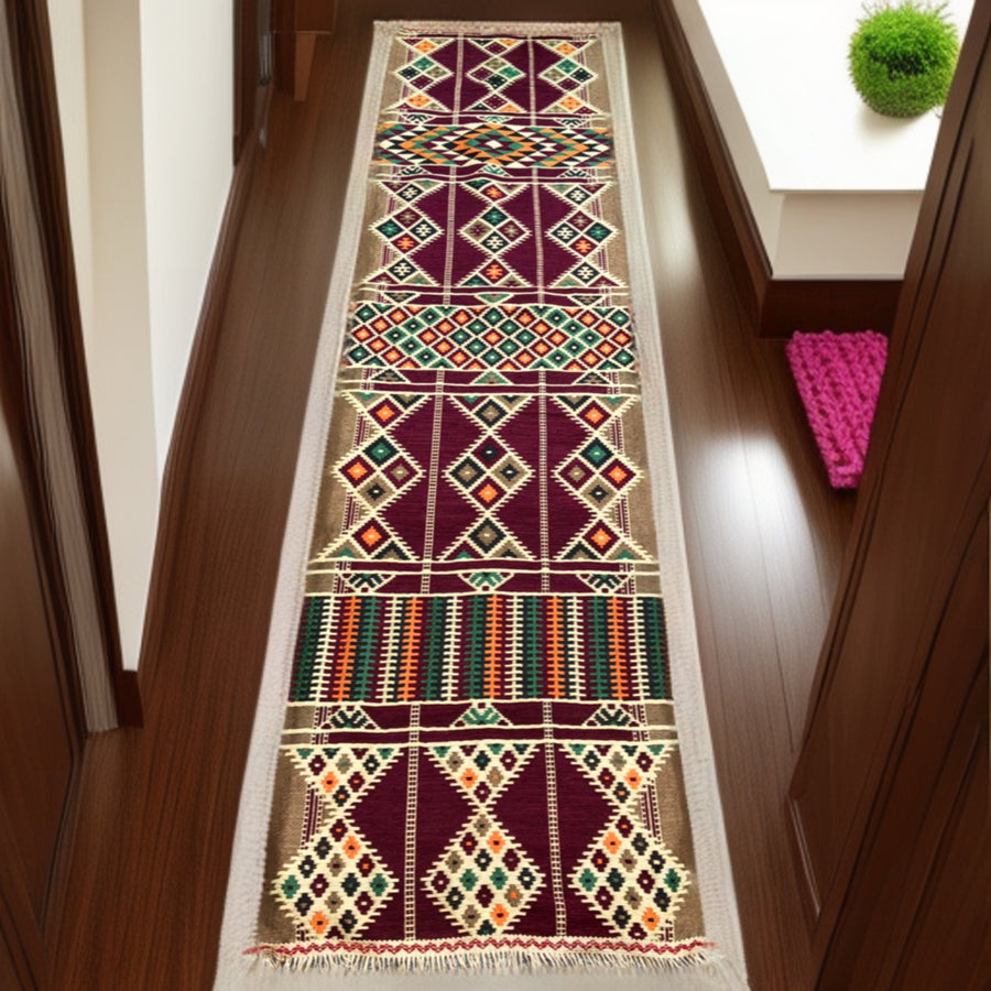 Kilim Runner, Red Bohemian bright colored rug, Oriental Geometric patterns rug, 2.3' x 9.3' (68cm x 285cm)