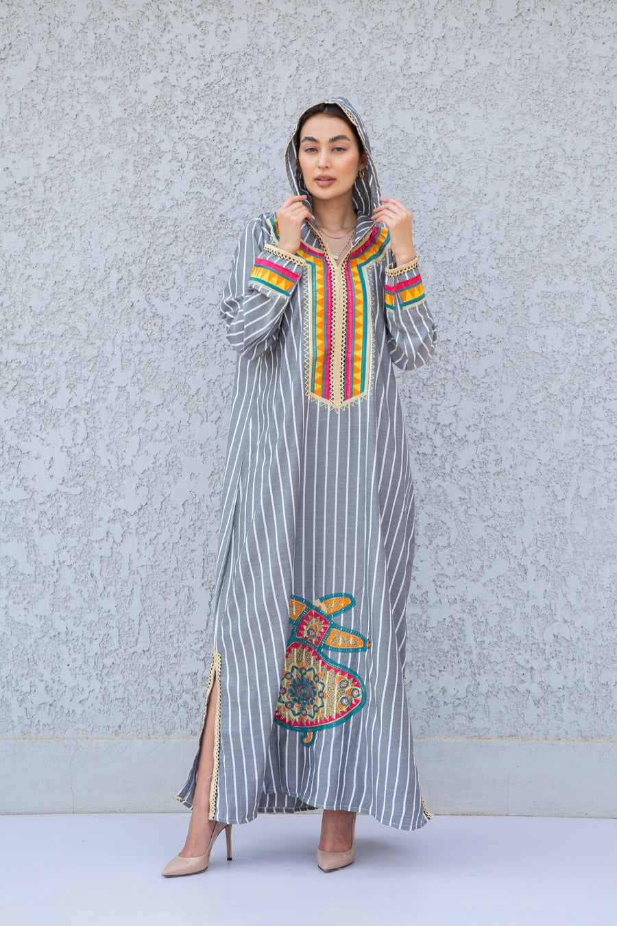 Striped embroidered Caftan dress, Egyptian dancing man embroidered, Hooded caftan dress, Egyptian cotton, purple caftan women