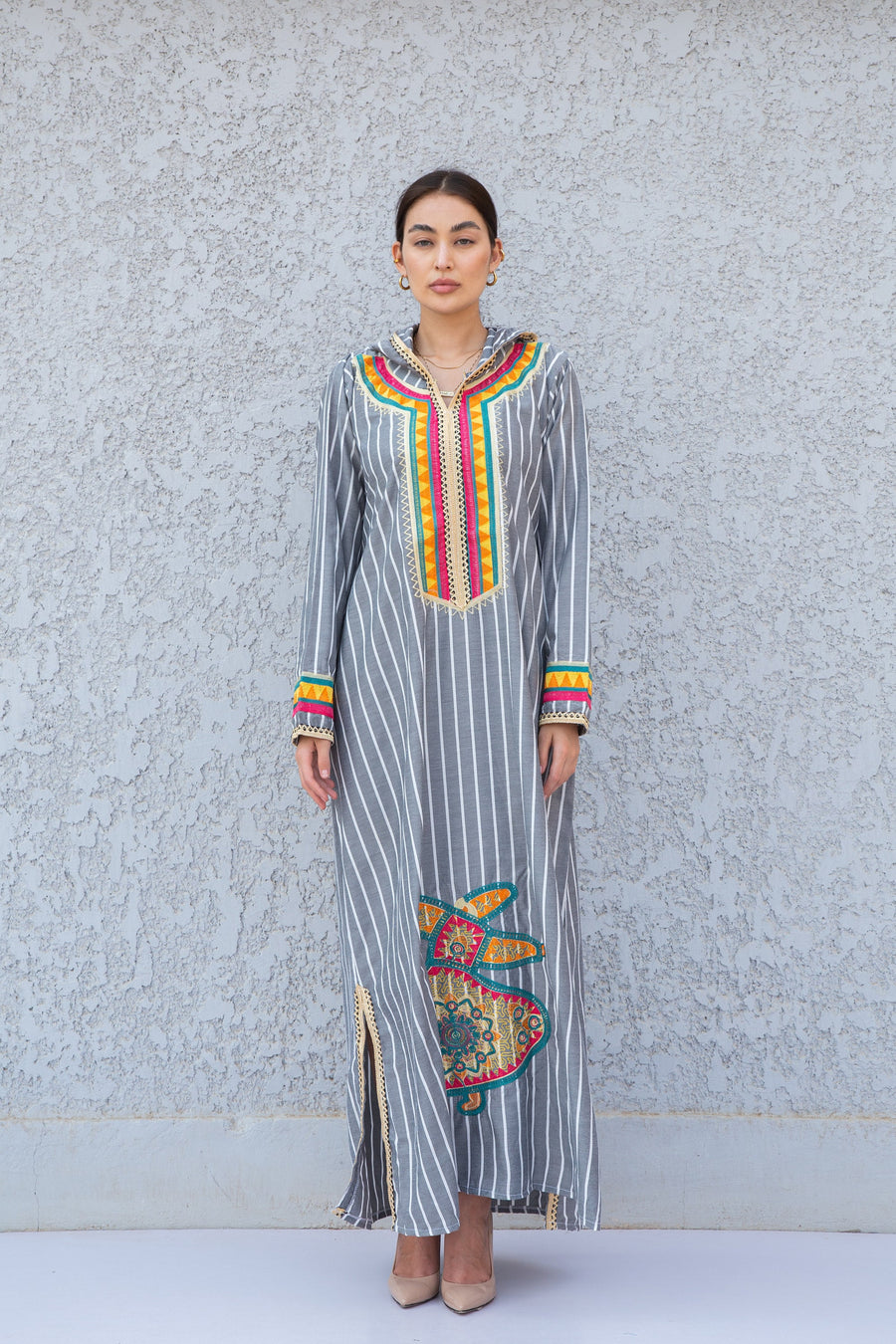 Striped embroidered Caftan dress, Egyptian dancing man embroidered, Hooded caftan dress, Egyptian cotton, purple caftan women