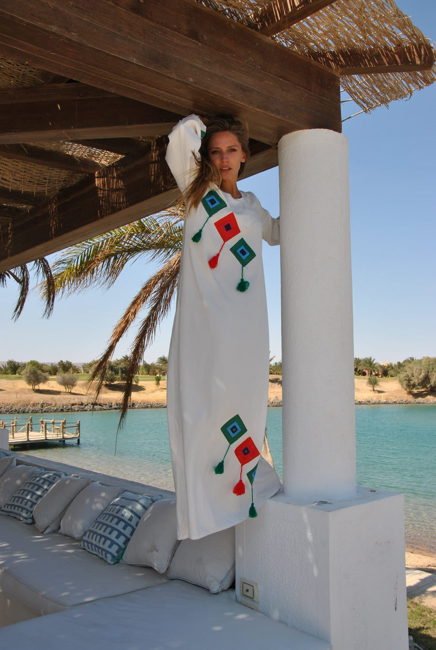 White cubes embroidered Caftan with tassels, caftans for women, embroidered Caftan dress, Kaftan maxi dress, Kaftans for women, Caftans